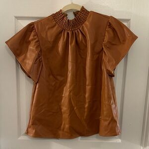 THML Tan Women's Blouse with Ruffled Neckline